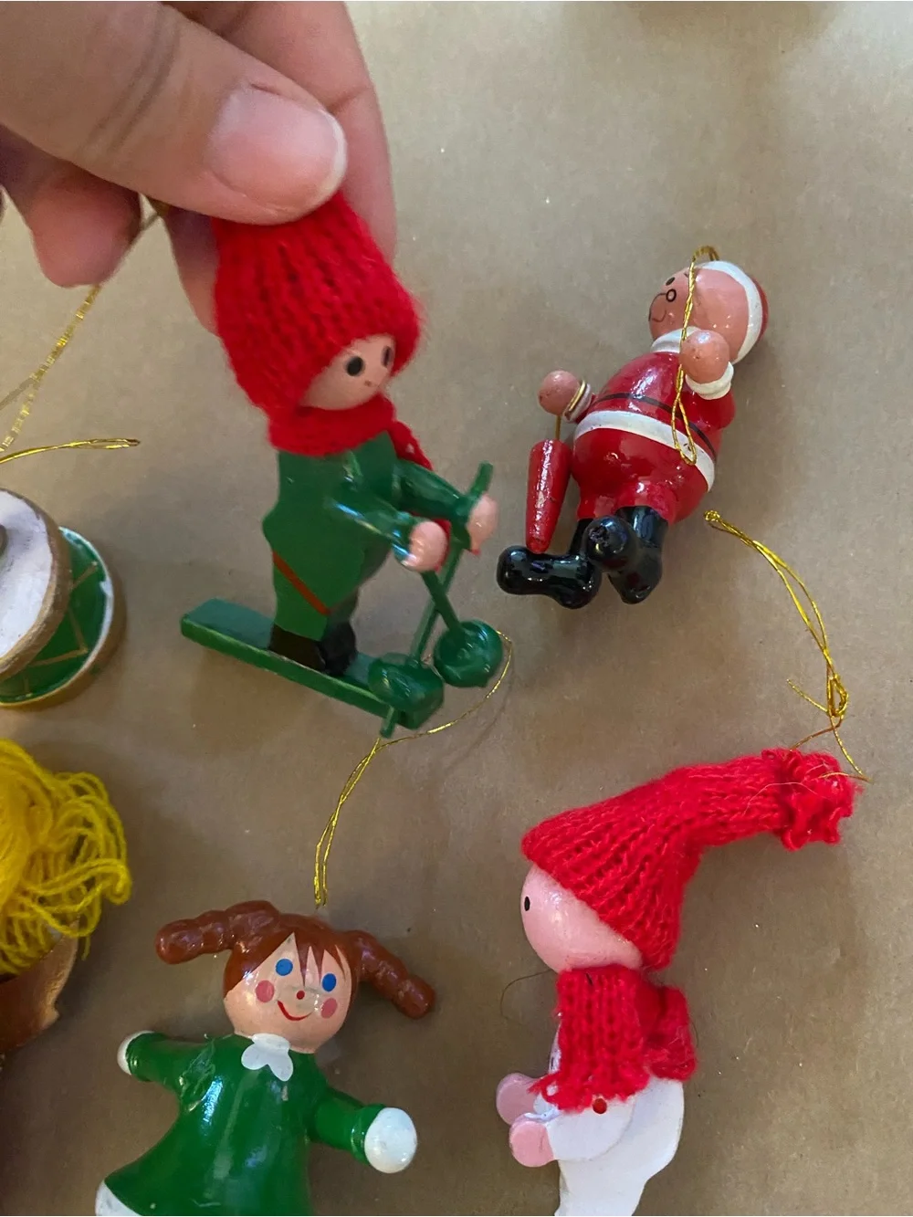 Vintage Wooden Figures Christmas Ornaments Set of 8, Colorful, ski, drum, angel